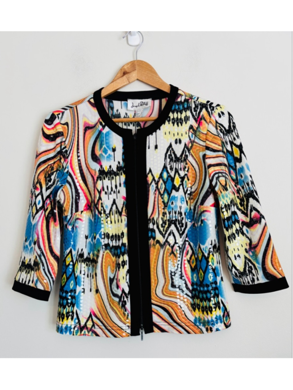 Joseph Ribkoff Jacket Ikat Geometric Size 10 Clear Sequin Double Zip Multicolor
